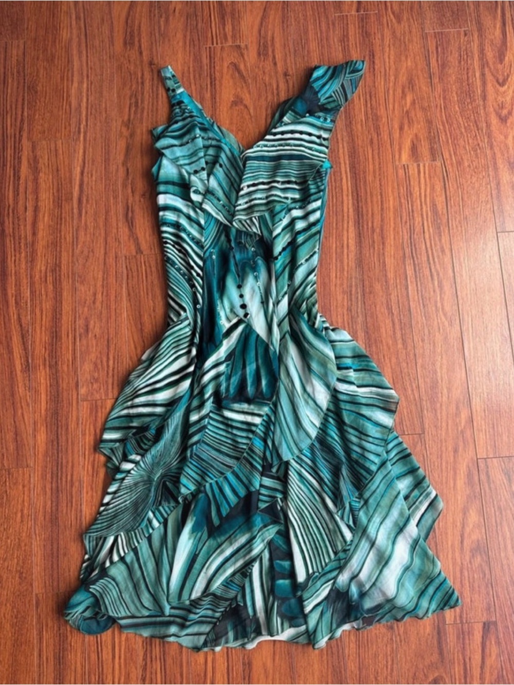 Robbie Bee Teal & Aqua Abstract Stripe Ruffle Midi Dress